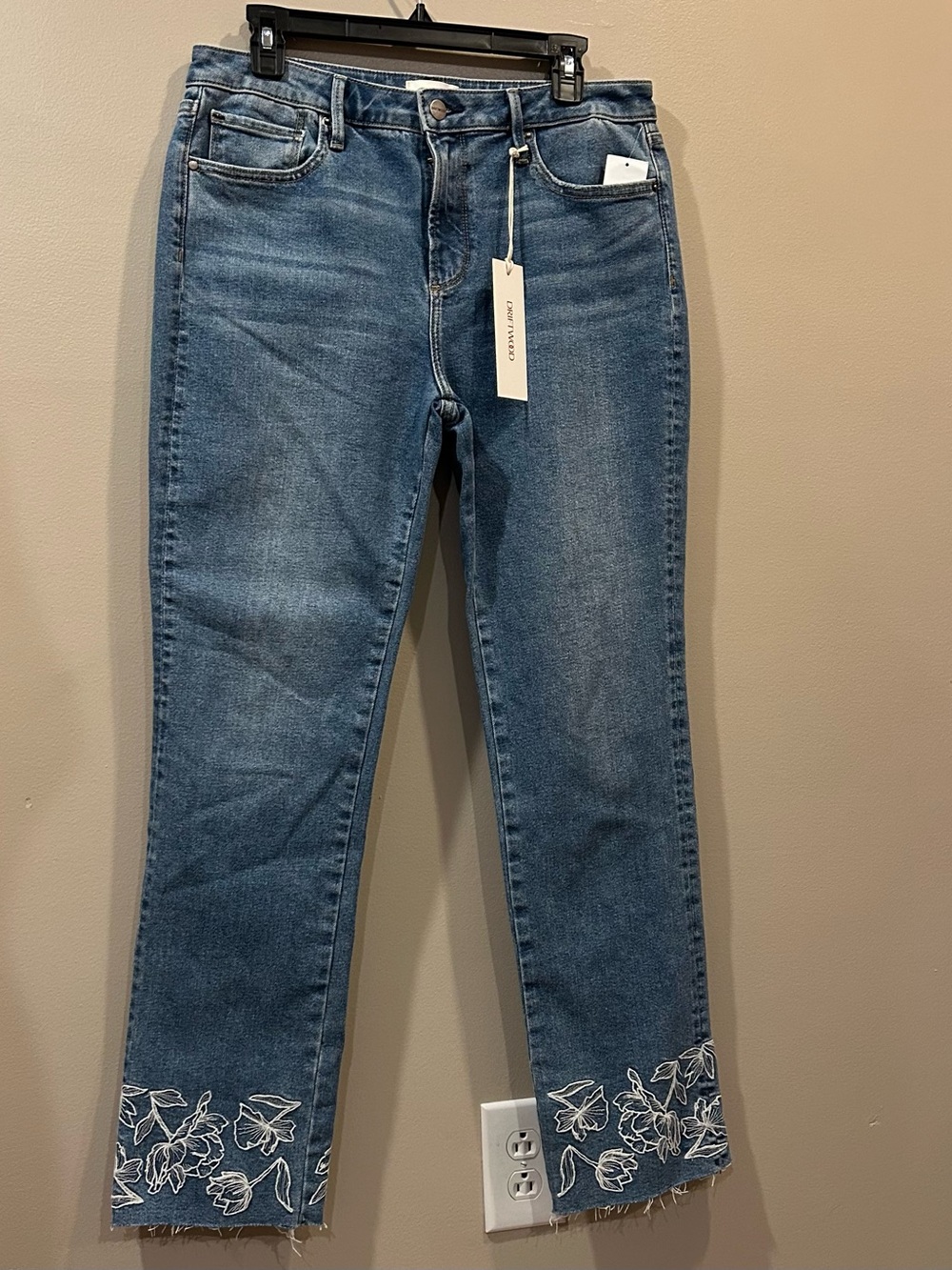Driftwood Stretch Denim Embroidered Cropped Straight Leg Jeans